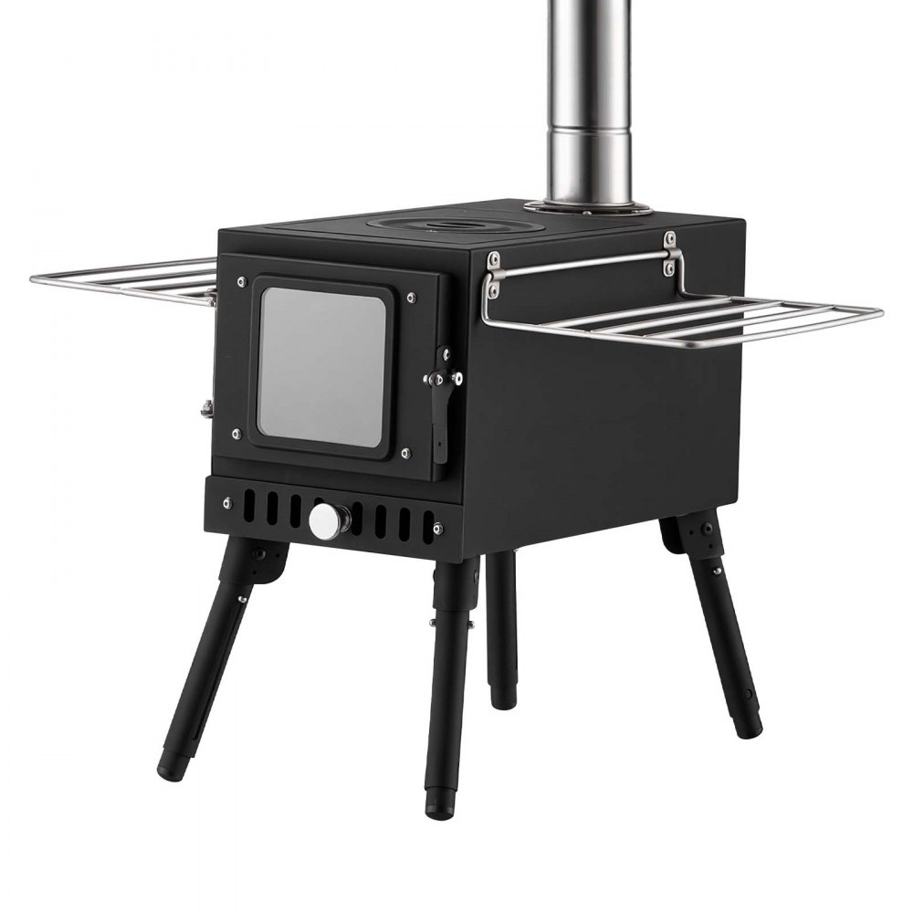 VEVOR Wood Stove Portable Wood Burning Camping Tent Stove Carbon Steel, for Outdoor Heating Cooking Drying, with Extended Chimney Pipes, Separate Ash Drawer, Heat-Resistant Glass Window, Gloves