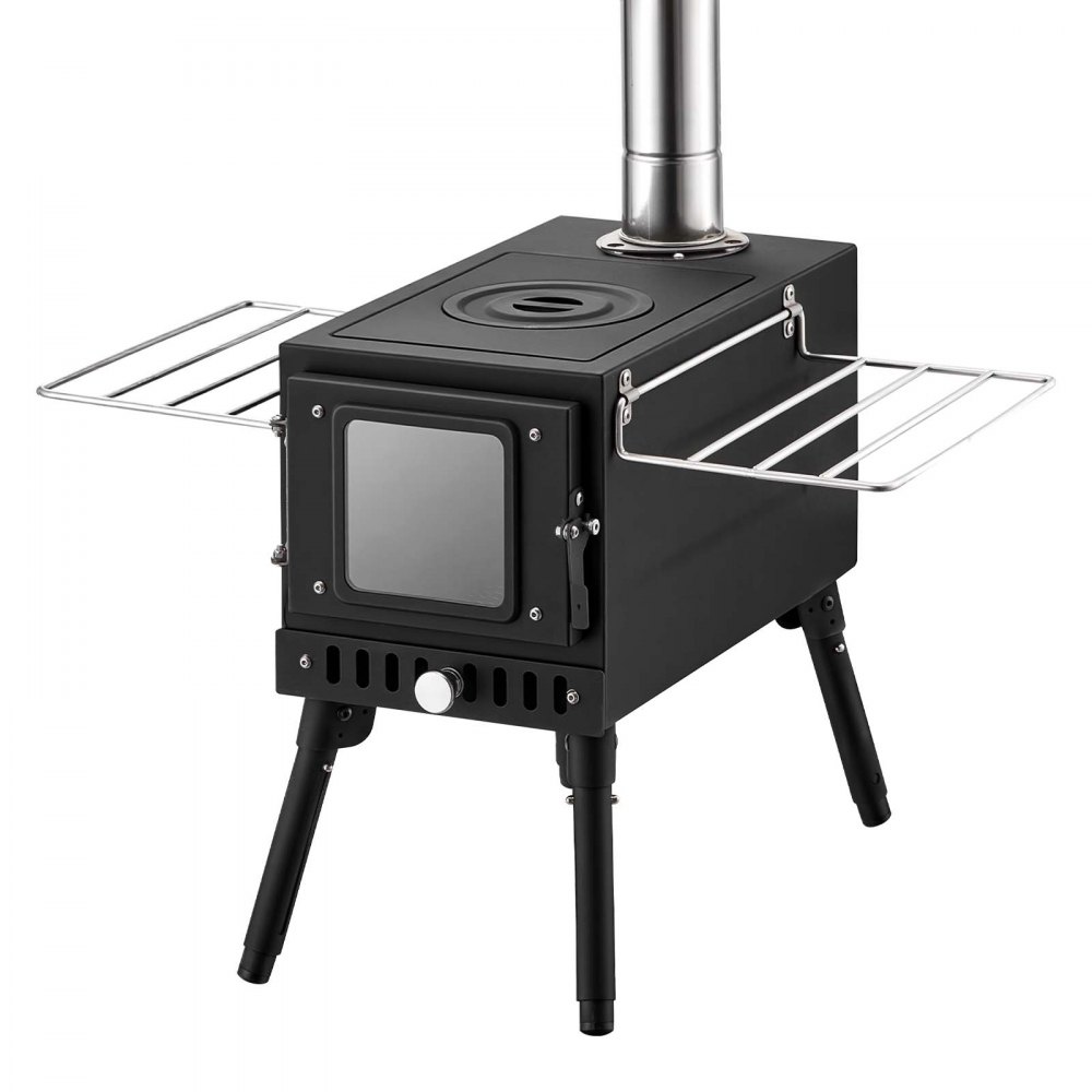 VEVOR Wood Stove Portable Wood Burning Camping Tent Stove Carbon Steel, for Outdoor Heating Cooking Drying, with Extended Chimney Pipes, Separate Ash Drawer, Heat-Resistant Glass Window, Gloves