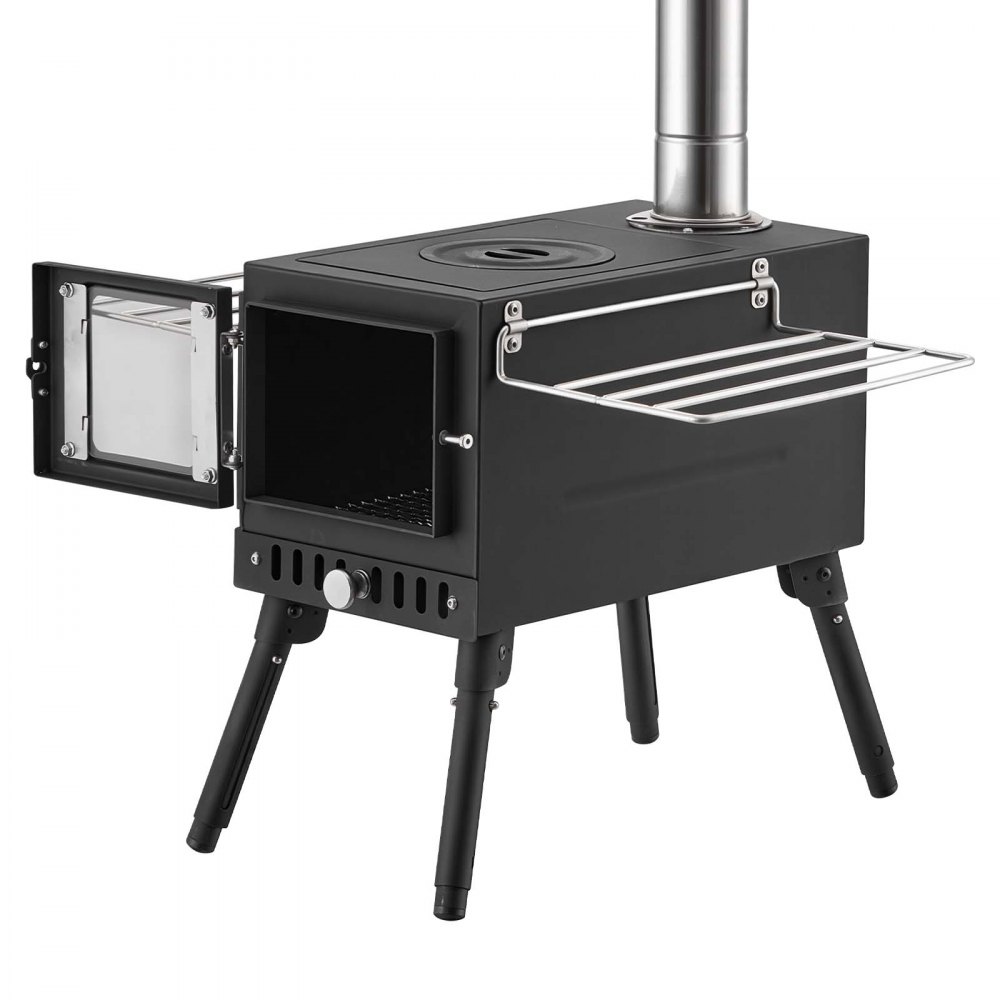 VEVOR Wood Stove Portable Wood Burning Camping Tent Stove Carbon Steel, for Outdoor Heating Cooking Drying, with Extended Chimney Pipes, Separate Ash Drawer, Heat-Resistant Glass Window, Gloves