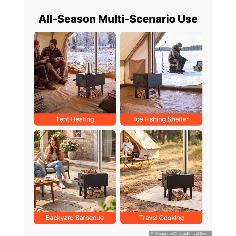 VEVOR Wood Stove with Dual Sliders Control Wood Burning Camping Tent Stove, for Outdoor Heating Cooking Drying, Carbon Steel, with Extended Chimney Pipes, Retractable Bracket, and Spark Arrest Tube