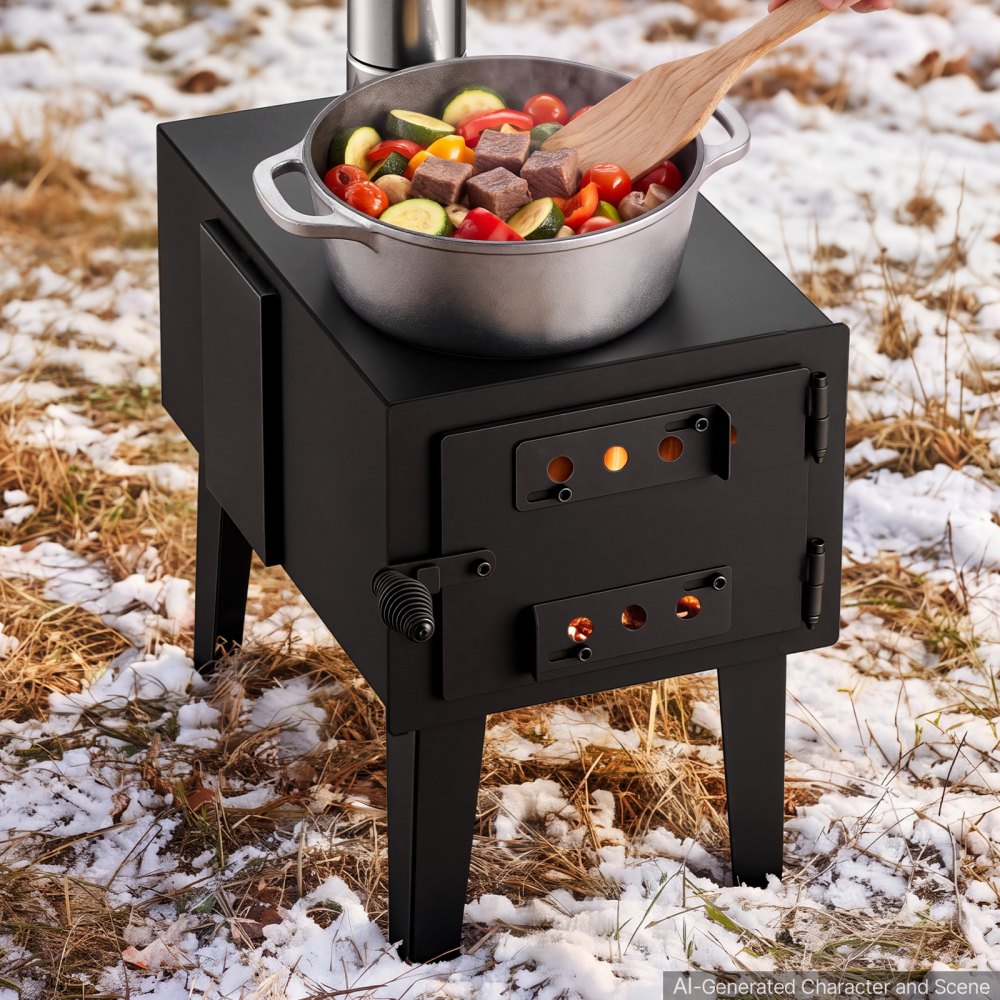 VEVOR Wood Stove with Dual Sliders Control Wood Burning Camping Tent Stove, for Outdoor Heating Cooking Drying, Carbon Steel, with Extended Chimney Pipes, Retractable Bracket, and Spark Arrest Tube