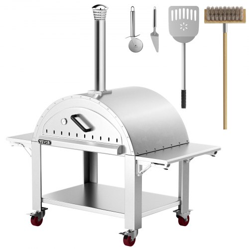 VEVOR 44" Wood Fired Artisan Pizza Oven, 3-Layer Stainless Steel Pizza Maker with Wheels for Outside Kitchen, Includes Pizza Stone, Pizza Peel, and Brush, Professional Series,Outdoor or Indoor.