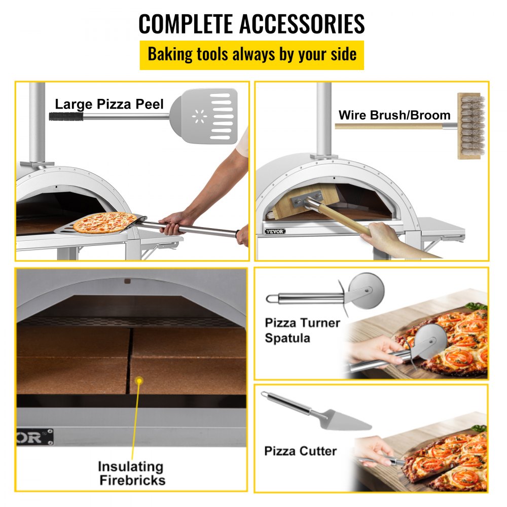 VEVOR 44" Wood Fired Artisan Pizza Oven, 3-Layer Stainless Steel Pizza Maker with Wheels for Outside Kitchen, Includes Pizza Stone, Pizza Peel, and Brush, Professional Series,Outdoor or Indoor.