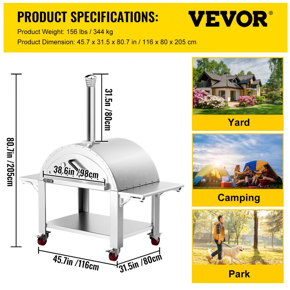 VEVOR 44" Wood Fired Artisan Pizza Oven, 3-Layer Stainless Steel Pizza Maker with Wheels for Outside Kitchen, Includes Pizza Stone, Pizza Peel, and Brush, Professional Series,Outdoor or Indoor.
