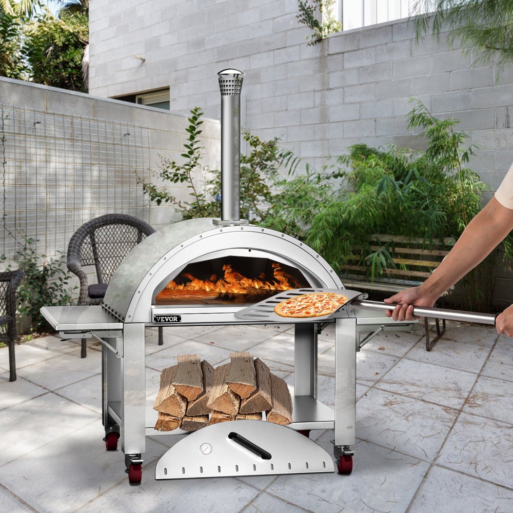 VEVOR 44" Wood Fired Artisan Pizza Oven, 3-Layer Stainless Steel Pizza Maker with Wheels for Outside Kitchen, Includes Pizza Stone, Pizza Peel, and Brush, Professional Series,Outdoor or Indoor.