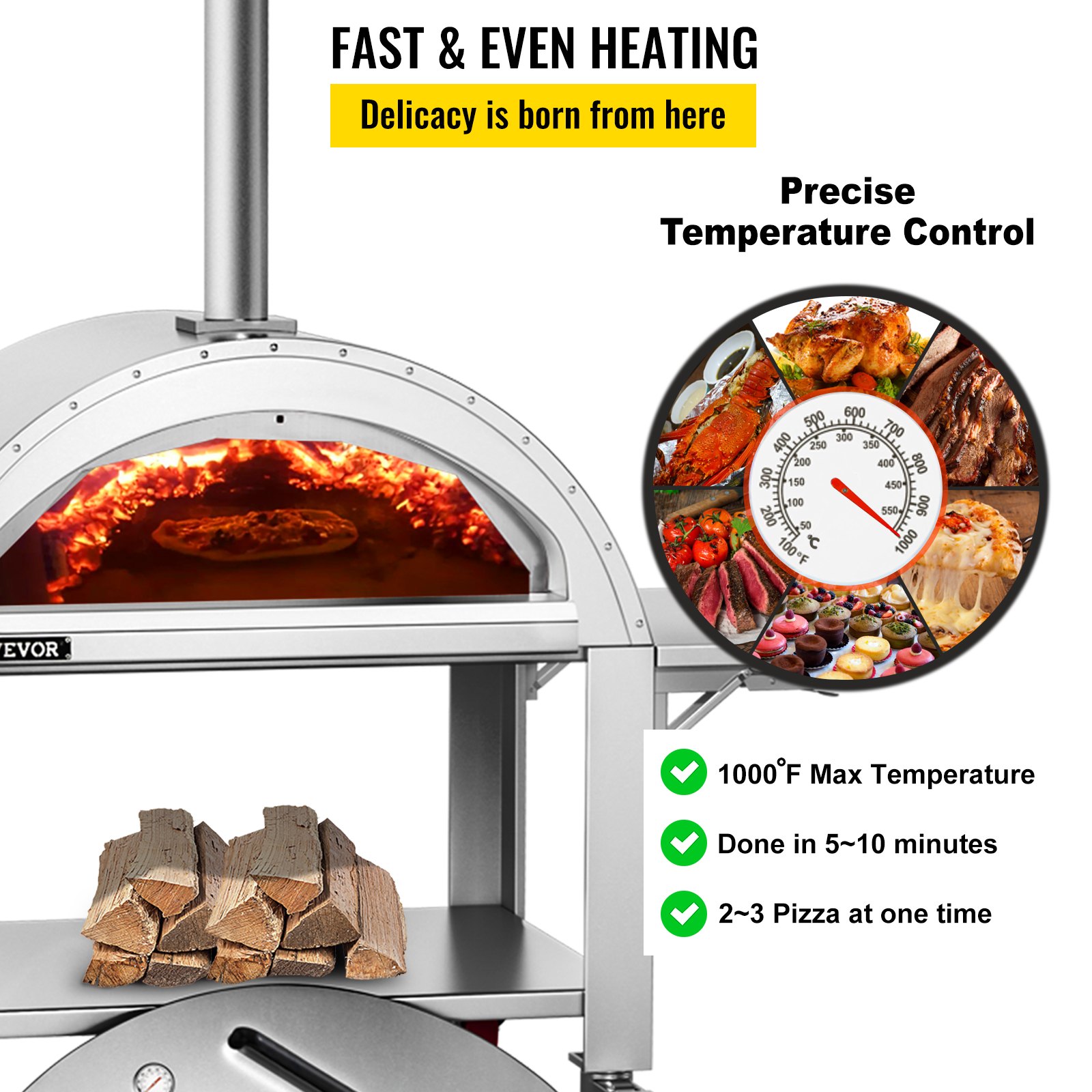 VEVOR 44" Wood Fired Artisan Pizza Oven, 3-Layer Stainless Steel Pizza Maker with Wheels for Outside Kitchen, Includes Pizza Stone, Pizza Peel, and Brush, Professional Series,Outdoor or Indoor.
