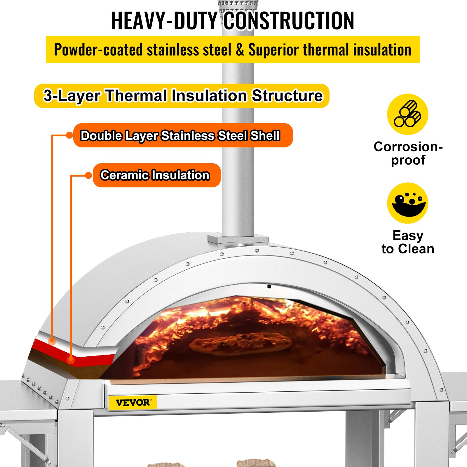 VEVOR 44" Wood Fired Artisan Pizza Oven, 3-Layer Stainless Steel Pizza Maker with Wheels for Outside Kitchen, Includes Pizza Stone, Pizza Peel, and Brush, Professional Series,Outdoor or Indoor.