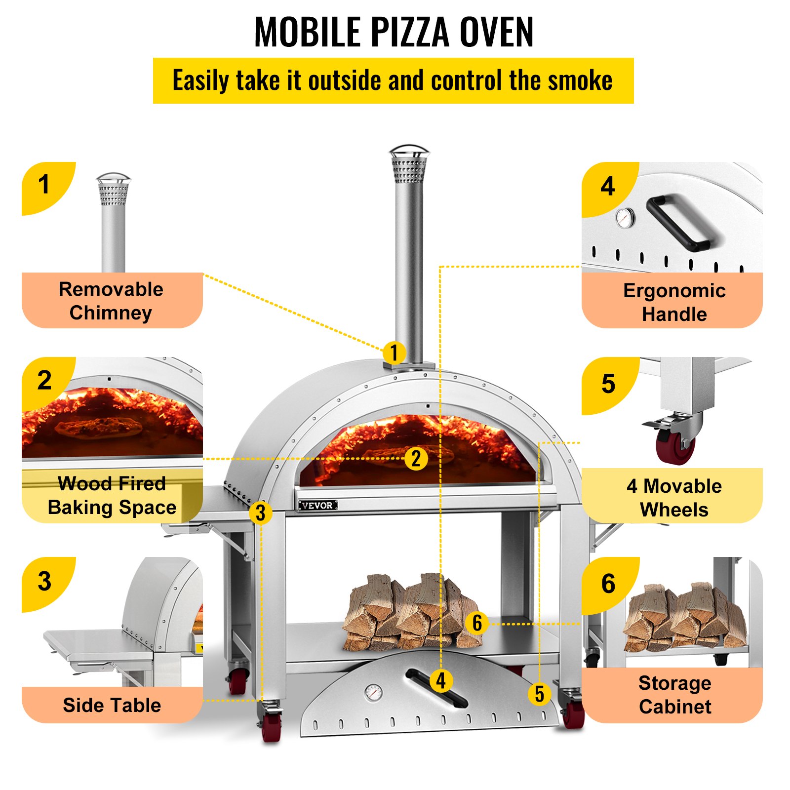 VEVOR 44" Wood Fired Artisan Pizza Oven, 3-Layer Stainless Steel Pizza Maker with Wheels for Outside Kitchen, Includes Pizza Stone, Pizza Peel, and Brush, Professional Series,Outdoor or Indoor.