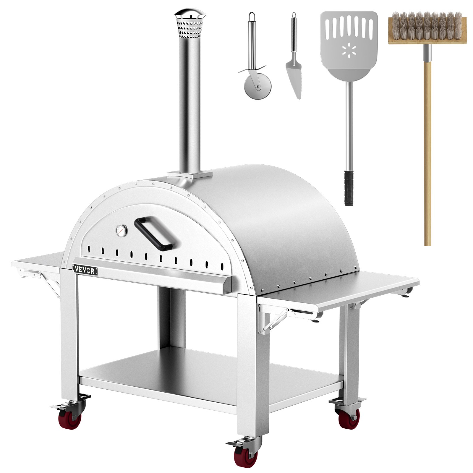 VEVOR 44" Wood Fired Artisan Pizza Oven, 3-Layer Stainless Steel Pizza Maker with Wheels for Outside Kitchen, Includes Pizza Stone, Pizza Peel, and Brush, Professional Series,Outdoor or Indoor.