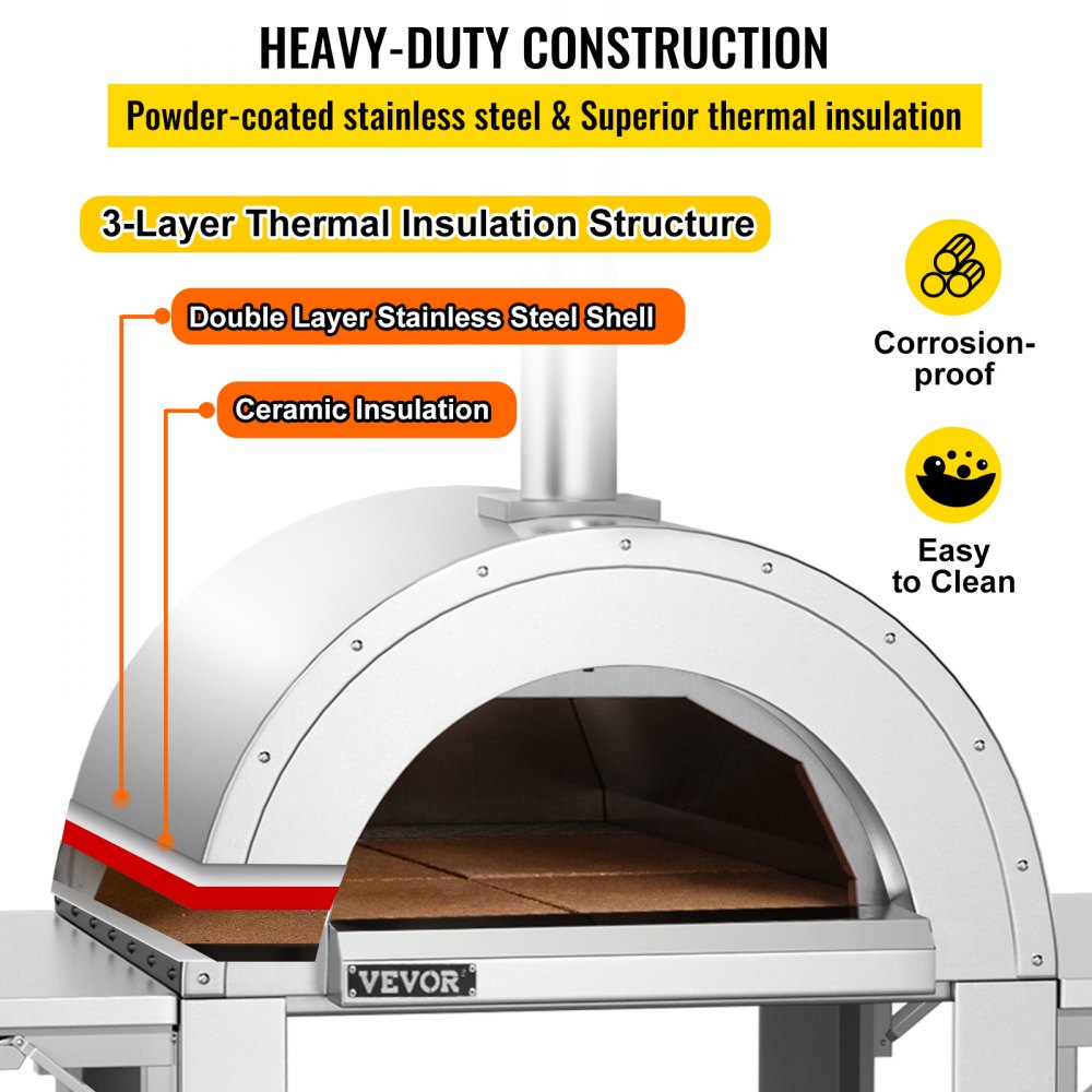 VEVOR 46" Wood Fired Artisan Pizza Oven, 3-Layer Stainless Steel Pizza Maker with Wheels for Outside Kitchen, Includes Pizza Stone, Pizza Peel, and Brush, Professional Series,Outdoor or Indoor.