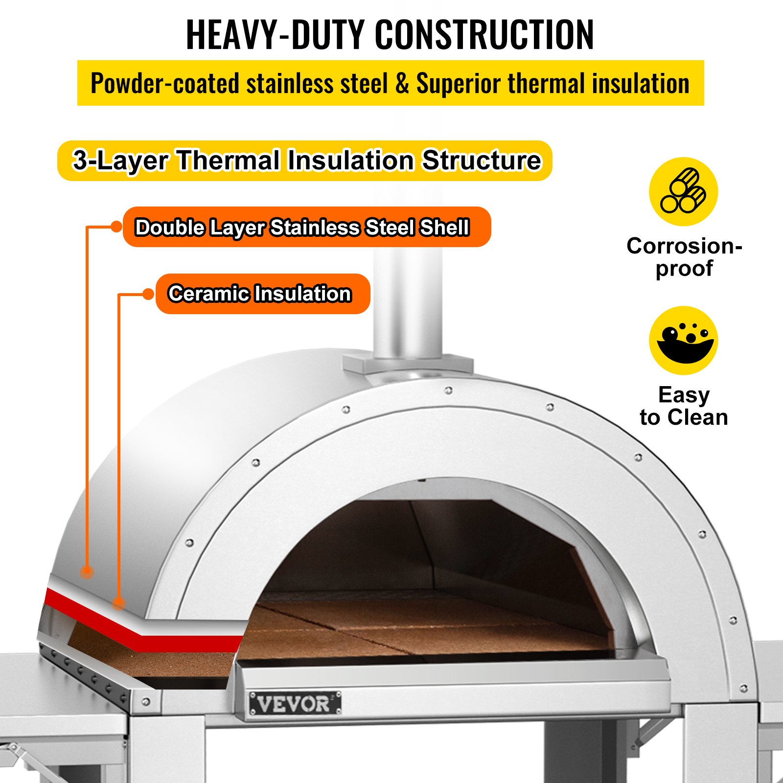 VEVOR 46" Wood Fired Artisan Pizza Oven, 3-Layer Stainless Steel Pizza Maker with Wheels for Outside Kitchen, Includes Pizza Stone, Pizza Peel, and Brush, Professional Series,Outdoor or Indoor.