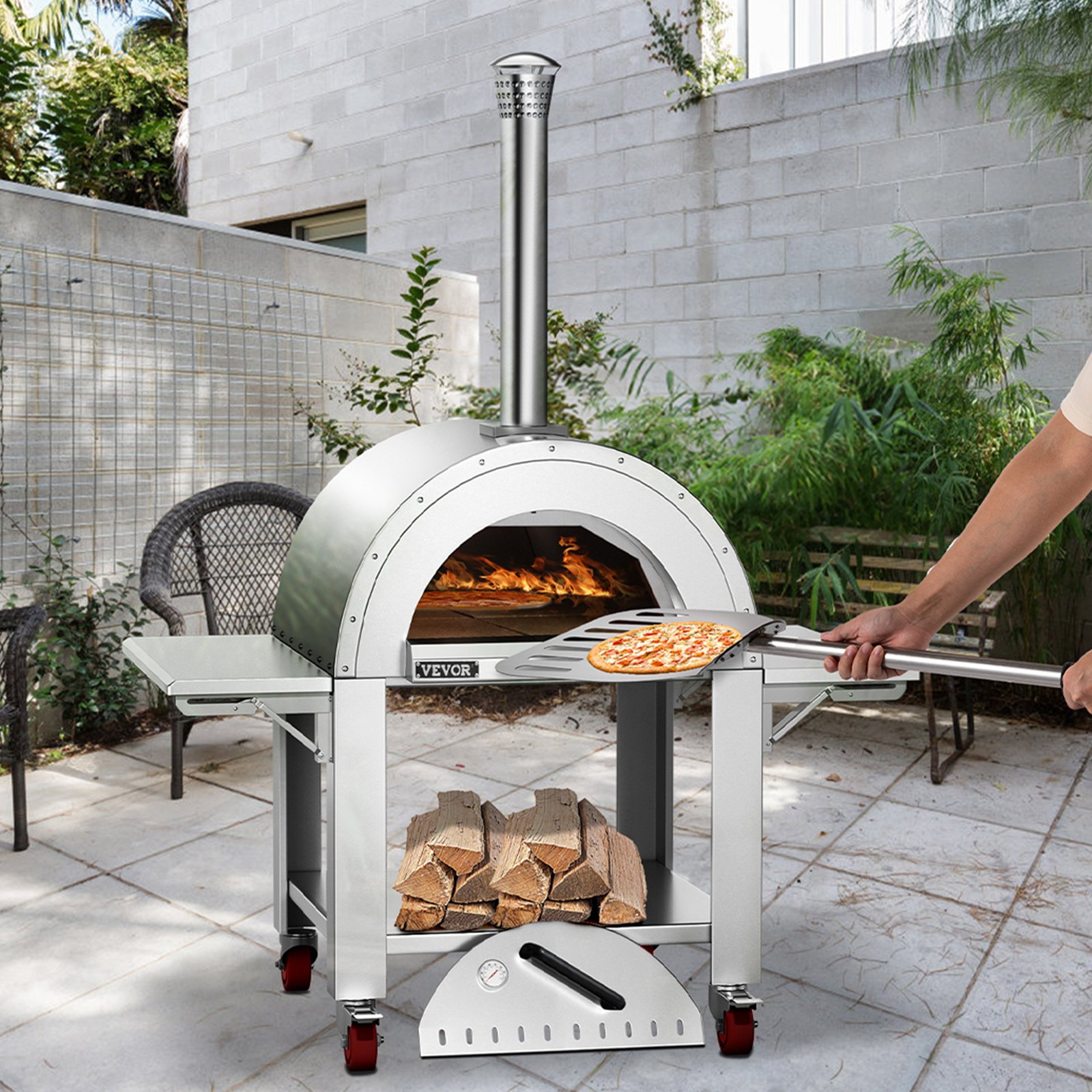 VEVOR 46" Wood Fired Artisan Pizza Oven, 3-Layer Stainless Steel Pizza Maker with Wheels for Outside Kitchen, Includes Pizza Stone, Pizza Peel, and Brush, Professional Series,Outdoor or Indoor.