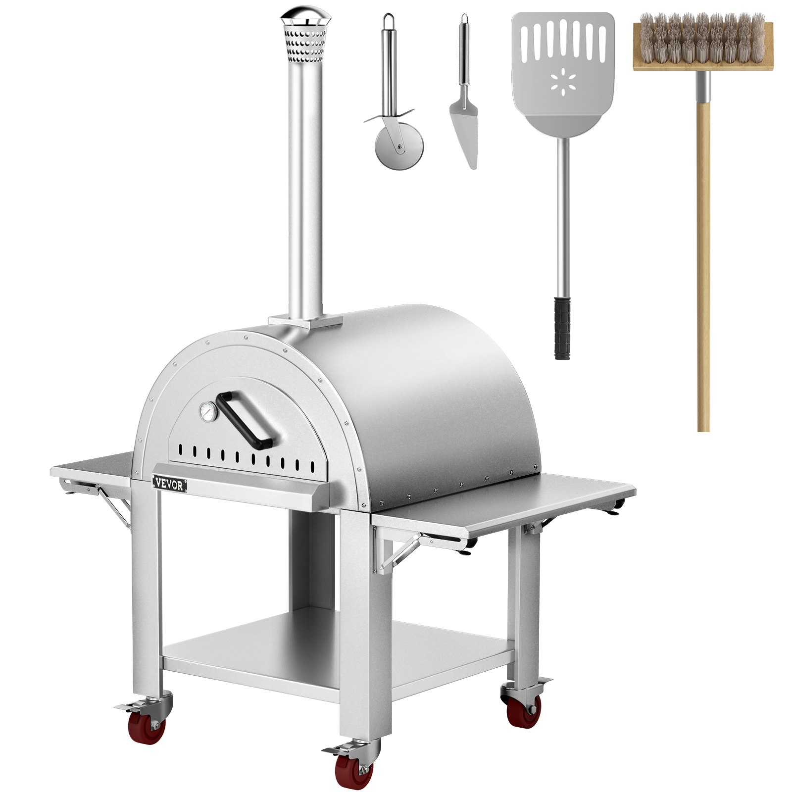 VEVOR 46" Wood Fired Artisan Pizza Oven, 3-Layer Stainless Steel Pizza Maker with Wheels for Outside Kitchen, Includes Pizza Stone, Pizza Peel, and Brush, Professional Series,Outdoor or Indoor.