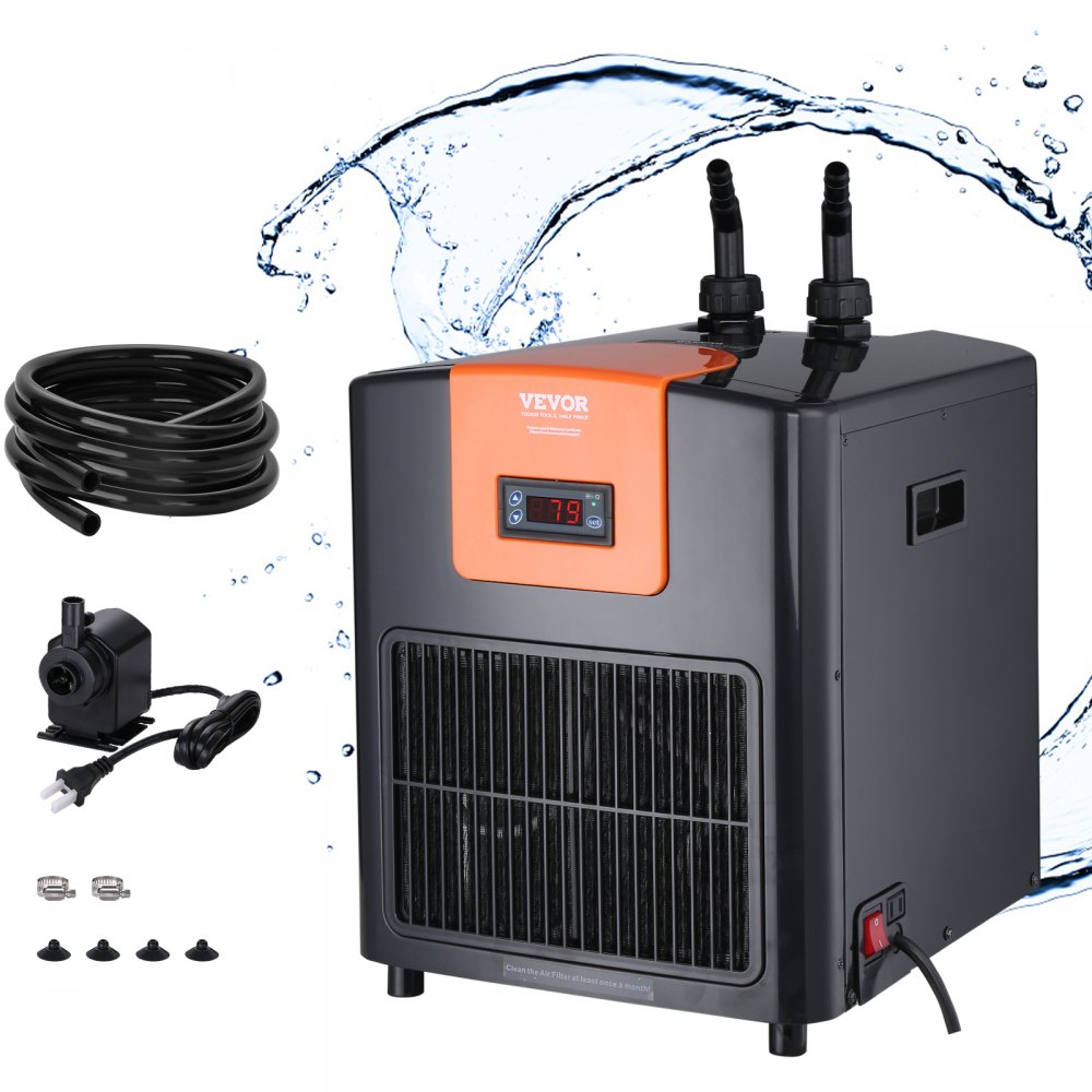 VEVOR aquarium chiller with digital temperature display, hoses, and pump against splashing water background.