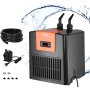 VEVOR aquarium chiller with temperature display, tubing, pump, and connectors, background water splash.