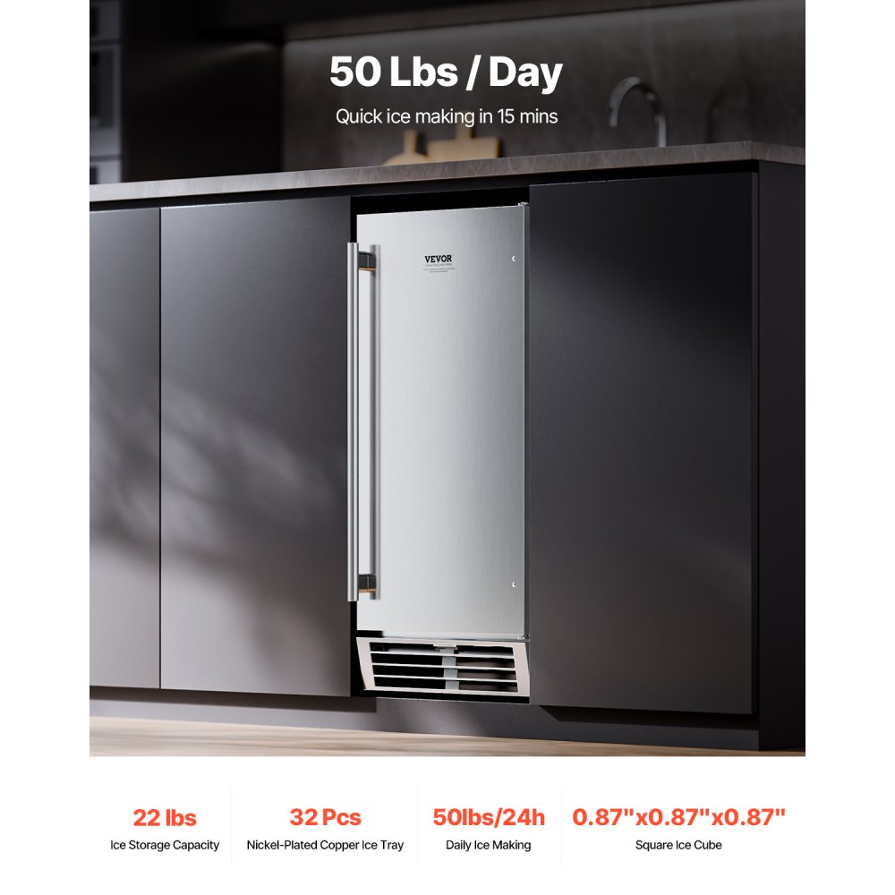 VEVOR Undercounter Built-in Ice Maker, 50 Lbs/Day Under Counter Ice Maker Machine with Reversible Door Stainless Steel, Freestanding Ice-Making Machine for Restaurant, Outdoor Kitchen, Terrace, Pool