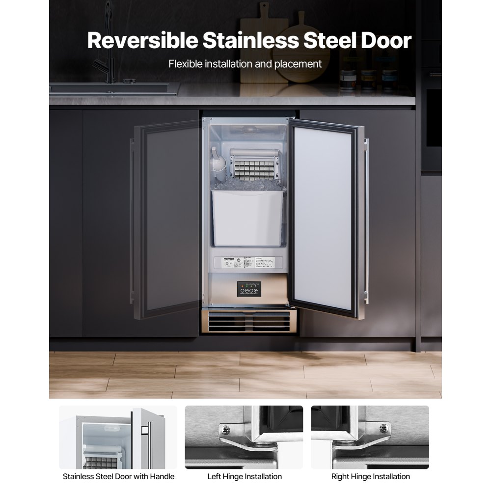 VEVOR Undercounter Built-in Ice Maker, 50 Lbs/Day Under Counter Ice Maker Machine with Reversible Door Stainless Steel, Freestanding Ice-Making Machine for Restaurant, Outdoor Kitchen, Terrace, Pool