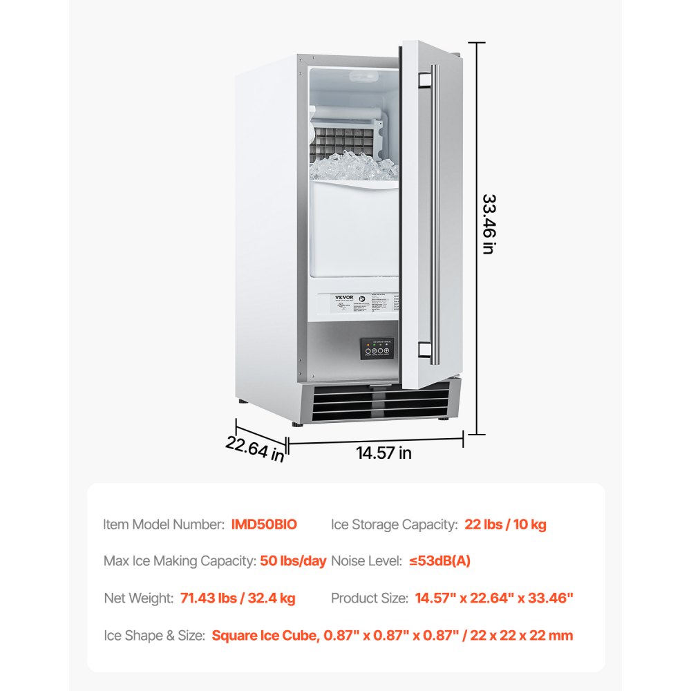 VEVOR Undercounter Built-in Ice Maker, 50 Lbs/Day Under Counter Ice Maker Machine with Reversible Door Stainless Steel, Freestanding Ice-Making Machine for Restaurant, Outdoor Kitchen, Terrace, Pool