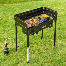 VEVOR Double Burner Outdoor Camping Stove, 60,000-BTU Camping Modular Cooking Stove, Heavy Duty Carbon Steel Gas Cooker with Windscreen & Detachable Legs Stand & PSI Regulator, for BBQ Camp Patio RV