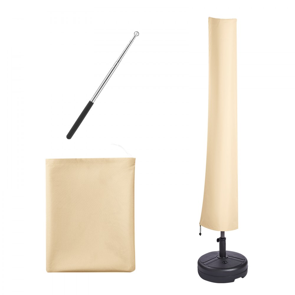 VEVOR patio umbrella cover with beige fabric, storage bag, and telescoping rod for easy installation.