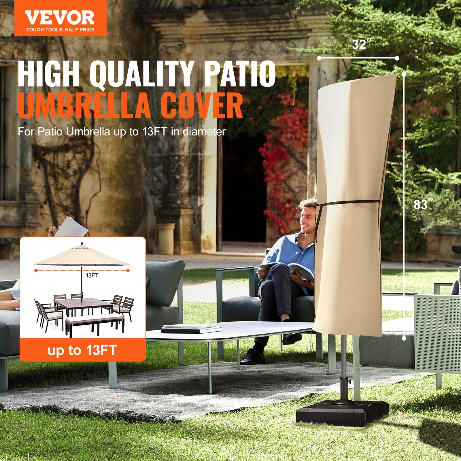 VEVOR Patio Umbrella Cover, up to 13ft Windproof, 420D Oxford Cloth, PU Coating 2000, UV Resistant Outdoor Patio Umbrella Cover Beige, with Storage Bag, Convenient Storage