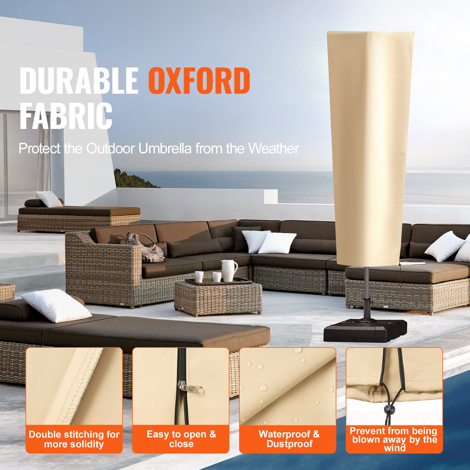 VEVOR Patio Umbrella Cover, up to 13ft Windproof, 420D Oxford Cloth, PU Coating 2000, UV Resistant Outdoor Patio Umbrella Cover Beige, with Storage Bag, Convenient Storage