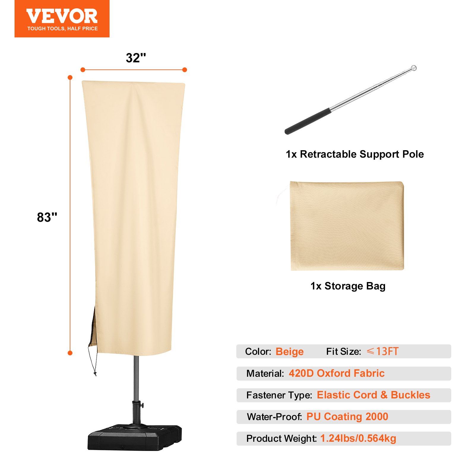 VEVOR Patio Umbrella Cover, up to 13ft Windproof, 420D Oxford Cloth, PU Coating 2000, UV Resistant Outdoor Patio Umbrella Cover Beige, with Storage Bag, Convenient Storage