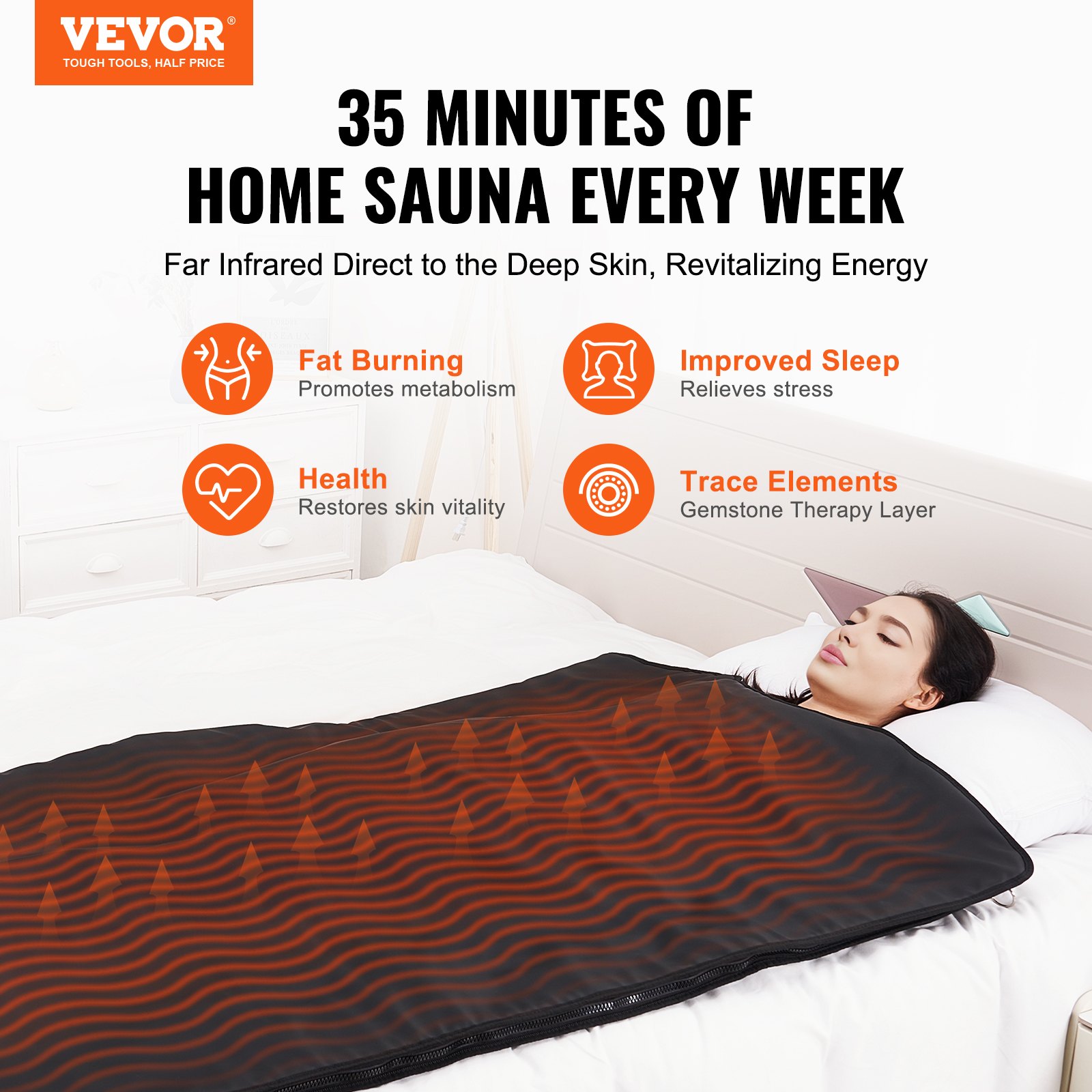 VEVOR Sauna Blanket for Detoxification, Portable Far Infrared Sauna for Home, PU Sauna Bag w/  Therapy Stones & Carbon Fiber Heating, 1-6 Level Adjustable Temp 35-85°C, 1-60 Minutes Timer, 1900x900mm