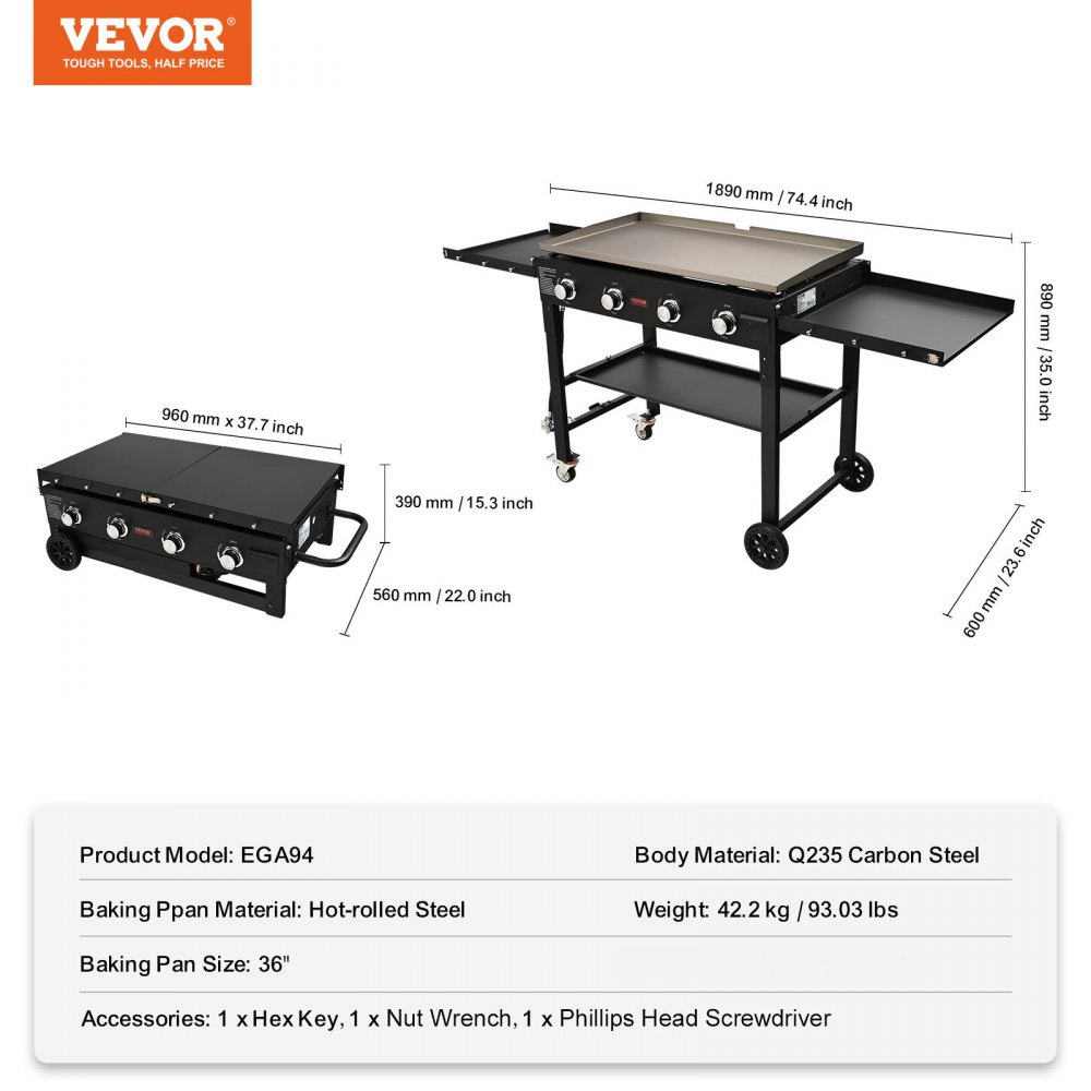 VEVOR Commercial Griddle on Cart, 36" Heavy Duty Manual Flat Top Griddle, Outdoor Cooking Station with Side Shelves, Steel Natural Gas Griddle, 4-Burners Restaurant Portable Grill -  60,000 BTU