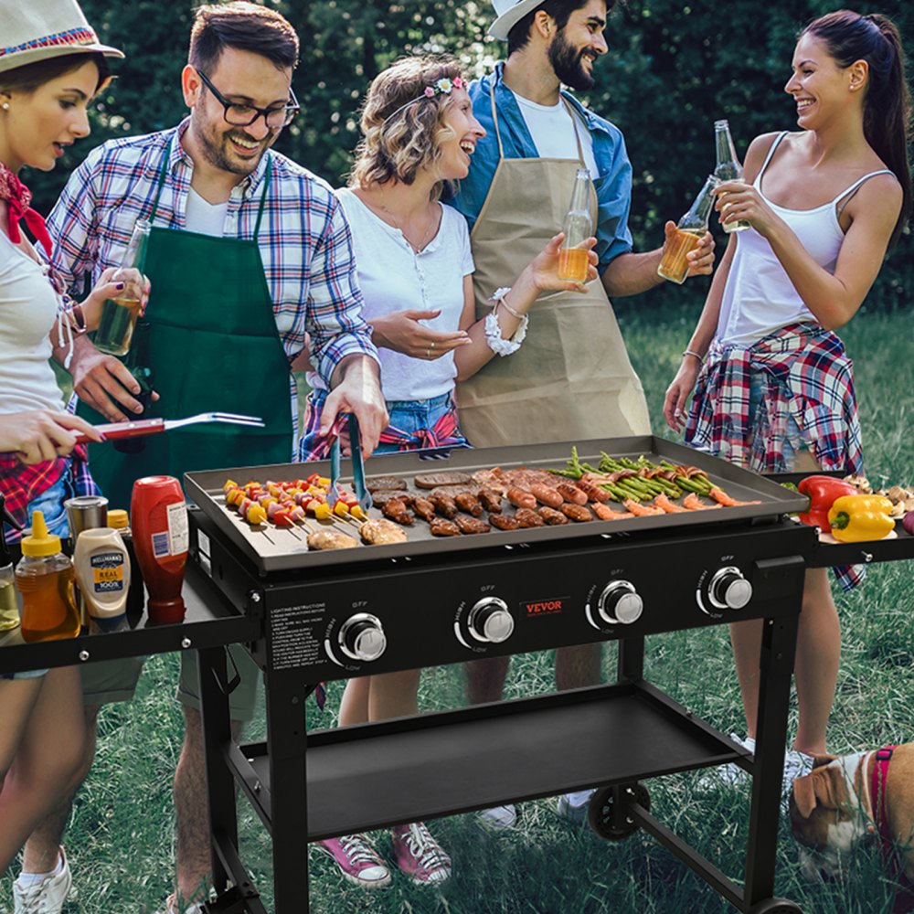 VEVOR Commercial Griddle on Cart, 36" Heavy Duty Manual Flat Top Griddle, Outdoor Cooking Station with Side Shelves, Steel Natural Gas Griddle, 4-Burners Restaurant Portable Grill -  60,000 BTU