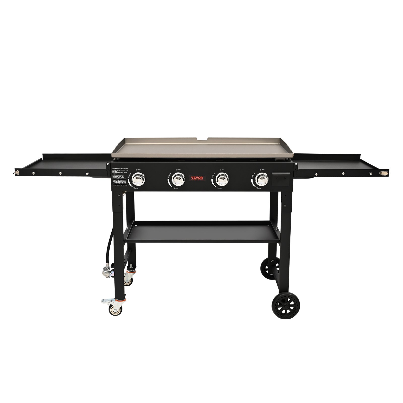 VEVOR Commercial Griddle on Cart, 36" Heavy Duty Manual Flat Top Griddle, Outdoor Cooking Station with Side Shelves, Steel Natural Gas Griddle, 4-Burners Restaurant Portable Grill -  60,000 BTU