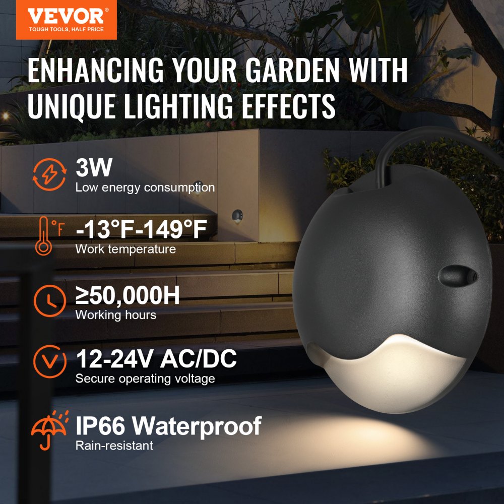 VEVOR Dimmable Deck Lights, 3W 12V-24V LED, IP66 Weather-Resistant Outdoor Wall Lighting, 3000K Warm Illumination for Steps, Stairs, Railings, and Fences, Includes Connectors (12 Pack, Soft White)