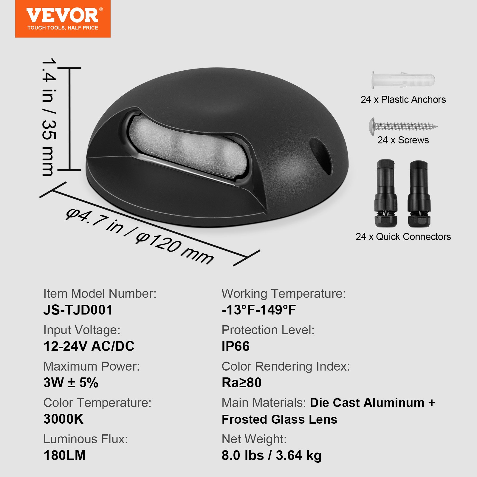 VEVOR Dimmable Deck Lights, 3W 12V-24V LED, IP66 Weather-Resistant Outdoor Wall Lighting, 3000K Warm Illumination for Steps, Stairs, Railings, and Fences, Includes Connectors (12 Pack, Soft White)