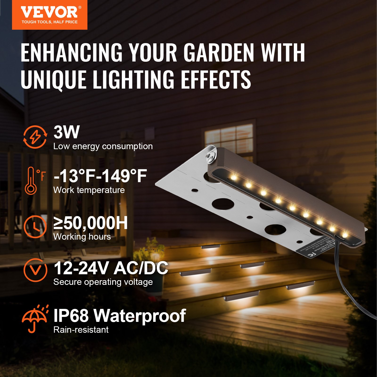 VEVOR LED Landscape Illumination, 6.8'' Wall Retention Lighting, 3W 12V-24V AC/DC Energy-Efficient Paver Illumination, IP68 Weather-Resistant Outdoor Pathway Lights, 3000K Adjustable Terrace Lights