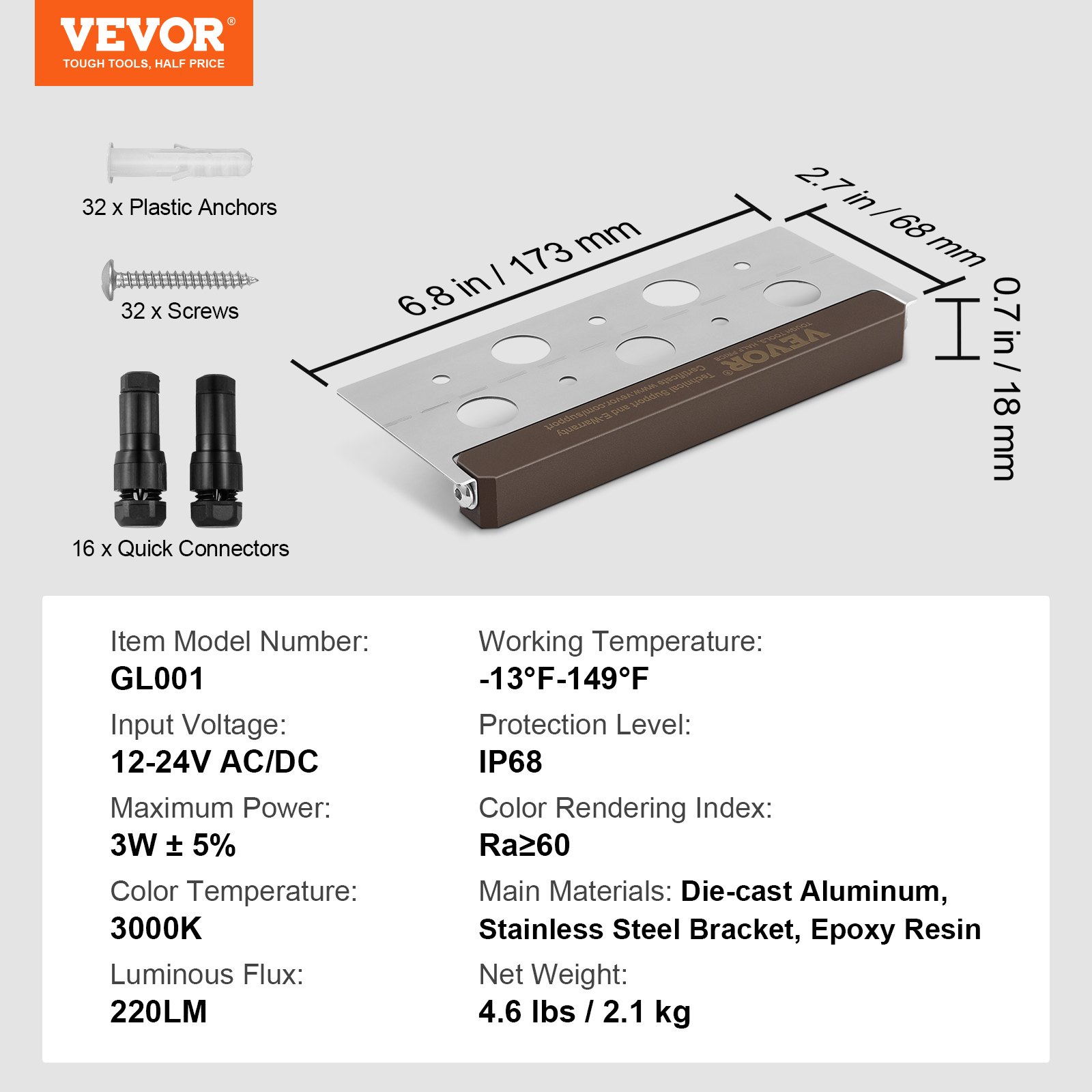 VEVOR LED Landscape Illumination, 6.8'' Wall Retention Lighting, 3W 12V-24V AC/DC Energy-Efficient Paver Illumination, IP68 Weather-Resistant Outdoor Pathway Lights, 3000K Adjustable Terrace Lights