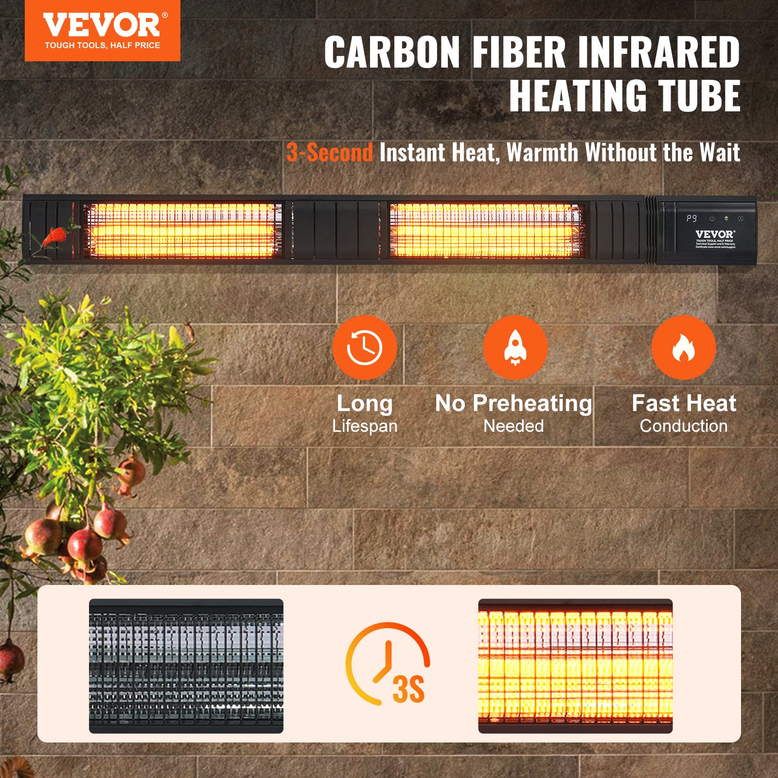 VEVOR Infrared Heater, 3000W Remote Control Electric Space Infrared Heater, IP65 Protection Carbon Infrared Outdoor Heater w/ 9 Speeds & Timer, for Porch,Patio,Dining Room,Studio,Backyard, Wall Mount