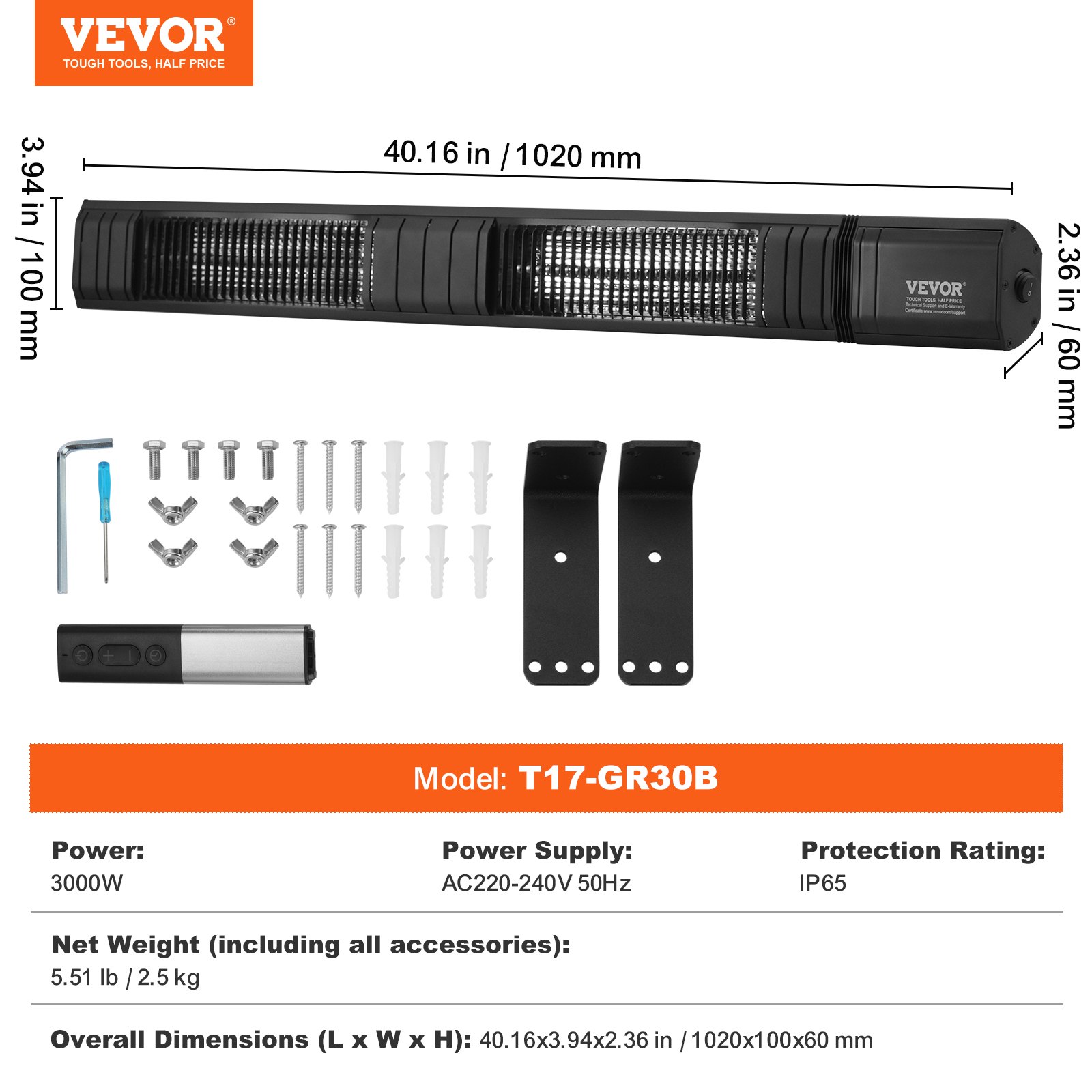 VEVOR Infrared Heater, 3000W Remote Control Electric Space Infrared Heater, IP65 Protection Carbon Infrared Outdoor Heater w/ 9 Speeds & Timer, for Porch,Patio,Dining Room,Studio,Backyard, Wall Mount