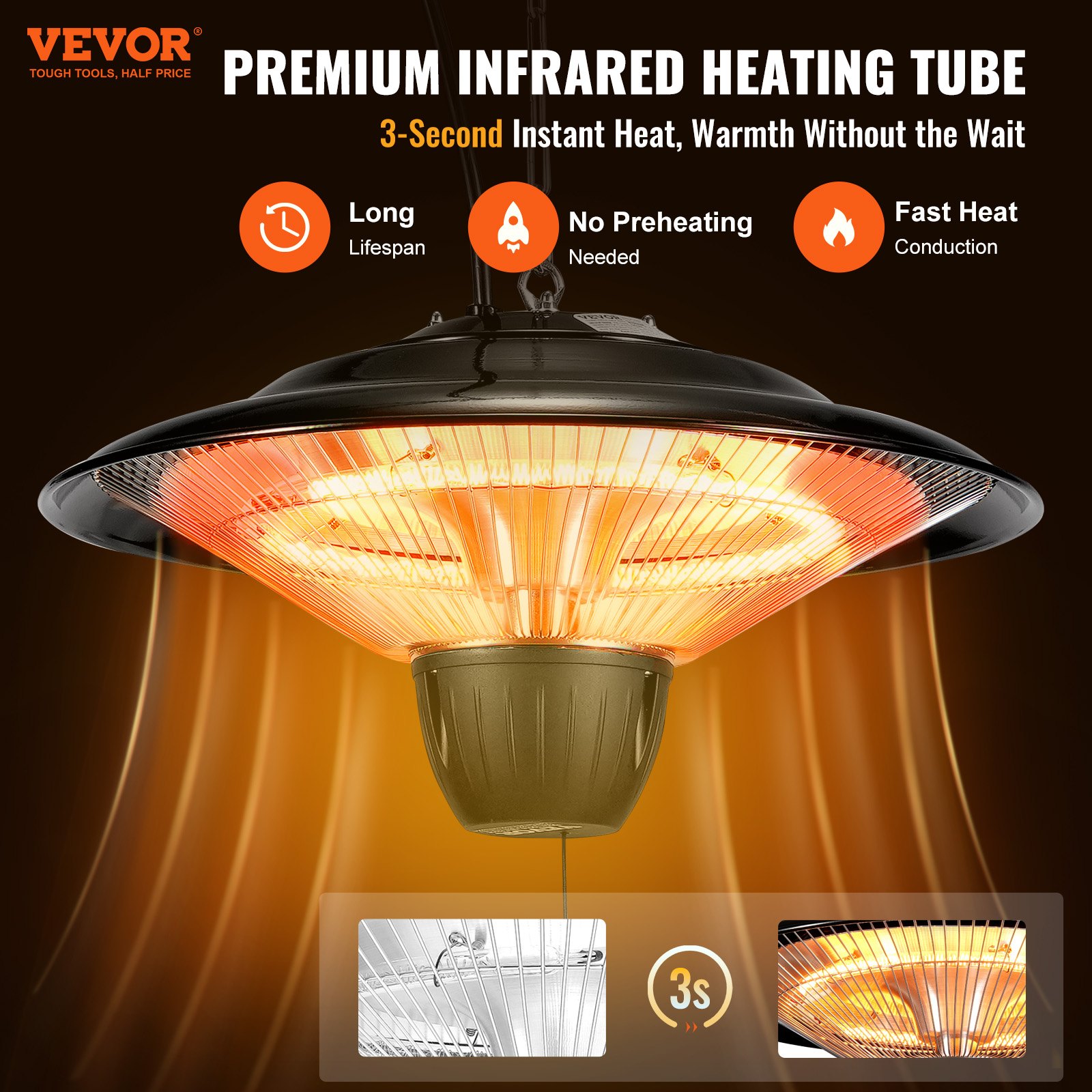 VEVOR Hanging Patio Heater, 1500W Outdoor/Indoor Electric Space Infrared Heater, IP34 Protection Ceiling Heater with 23.6 inch Pull Cord & 20 inch Adjustable Chain, for Porch,Patio,Dining Room,Studio