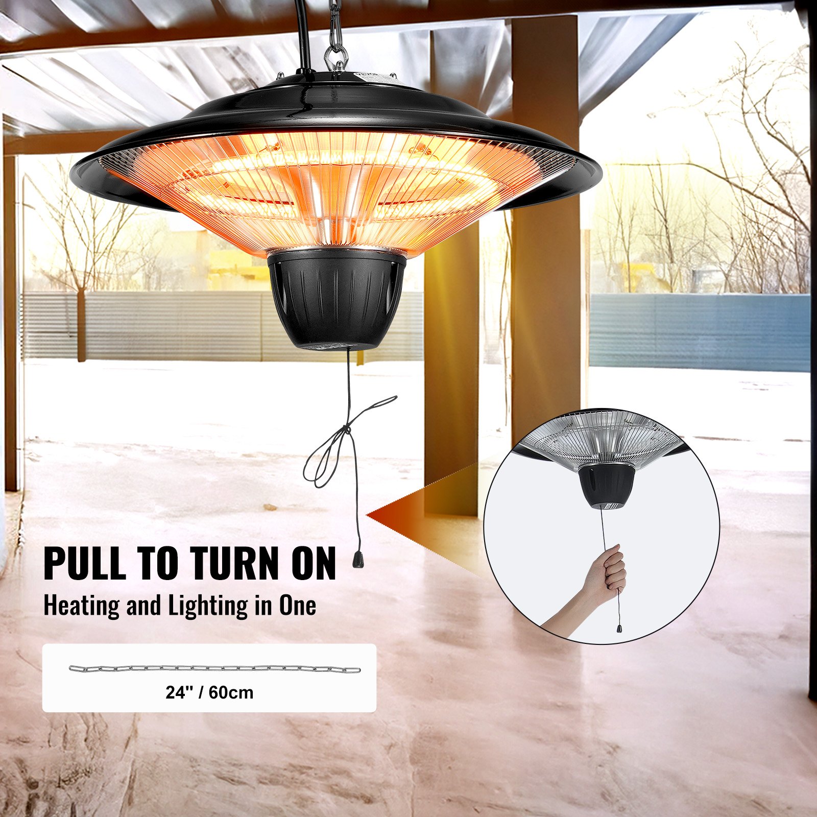 VEVOR Hanging Patio Heater, 1500W Outdoor/Indoor Electric Space Infrared Heater, IP34 Protection Ceiling Heater with 23.6 inch Pull Cord & 20 inch Adjustable Chain, for Porch,Patio,Dining Room,Studio