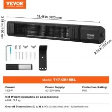 VEVOR Infrared Heater, 1500W Remote Control Electric Space Infrared Heater, Carbon Infrared Outdoor Heater with 9 Speeds & 24h Timer, for Porch,Patio,Dining Room,Studio,Backyard,Garage, Wall Mount