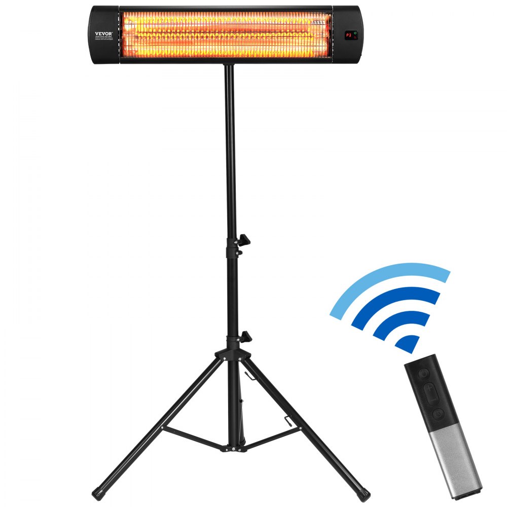 VEVOR infrared heater on tripod stand with remote control and wireless signal icon.