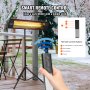 VEVOR infrared heater with remote control, standing on a snowy patio, offering cozy warmth.