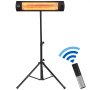 VEVOR infrared heater on tripod stand with remote control and wireless signal icon.