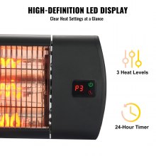 VEVOR Infrared Heater, 1500W Remote Control Electric Space Heater, LED Screen Patio Heater w/ 3 Speeds & Timer, Outdoor/Outdoor for Porch,Dining Room,Studio, with Stand & Mount to Ceiling/Wall,24 in L