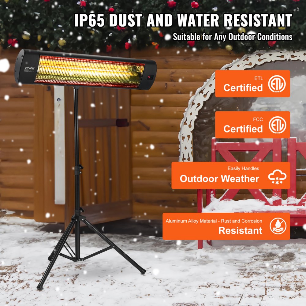 VEVOR Infrared Heater, 1500W Remote Control Electric Space Heater, LED Screen Patio Heater w/ 3 Speeds & Timer, Outdoor/Outdoor for Porch,Dining Room,Studio, with Stand & Mount to Ceiling/Wall,34in L