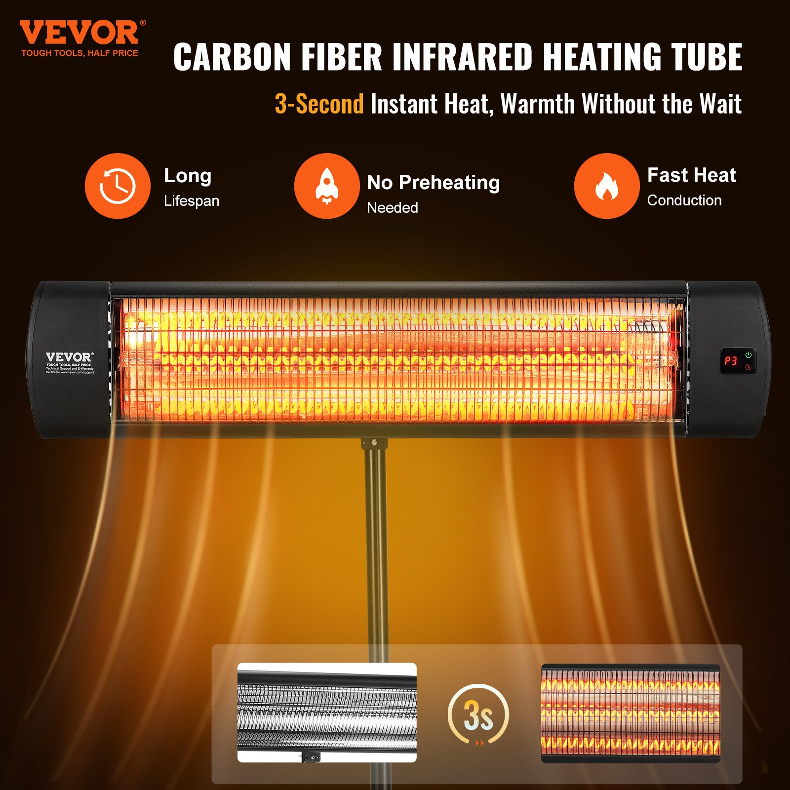 VEVOR Infrared Heater, 1500W Remote Control Electric Space Heater, LED Screen Patio Heater w/ 3 Speeds & Timer, Outdoor/Outdoor for Porch,Dining Room,Studio, with Stand & Mount to Ceiling/Wall,34in L