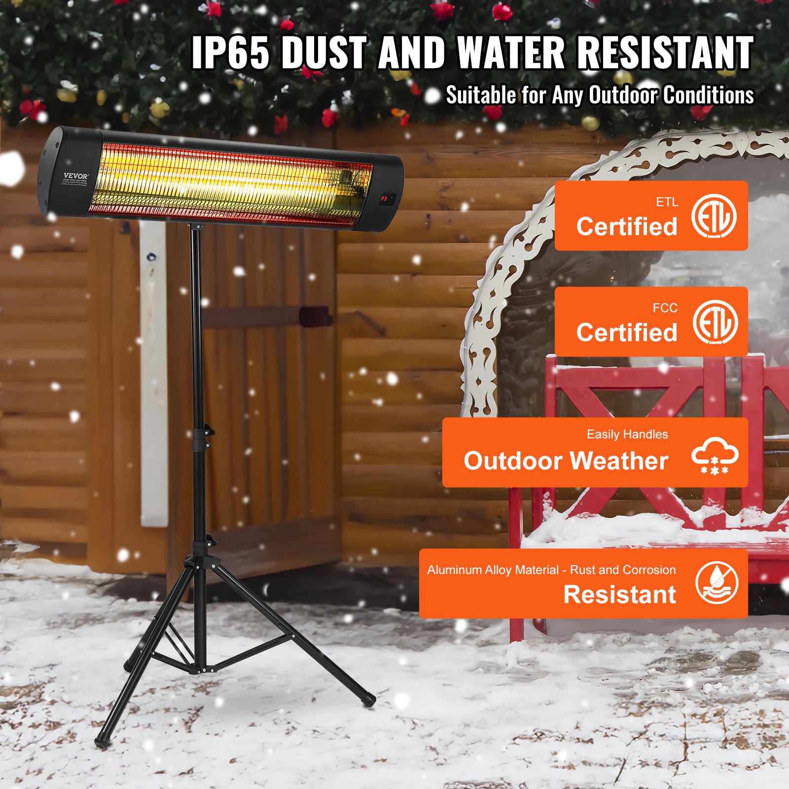 VEVOR Infrared Heater, 1500W Remote Control Electric Space Heater, LED Screen Patio Heater w/ 3 Speeds & Timer, Outdoor/Outdoor for Porch,Dining Room,Studio, with Stand & Mount to Ceiling/Wall,34in L