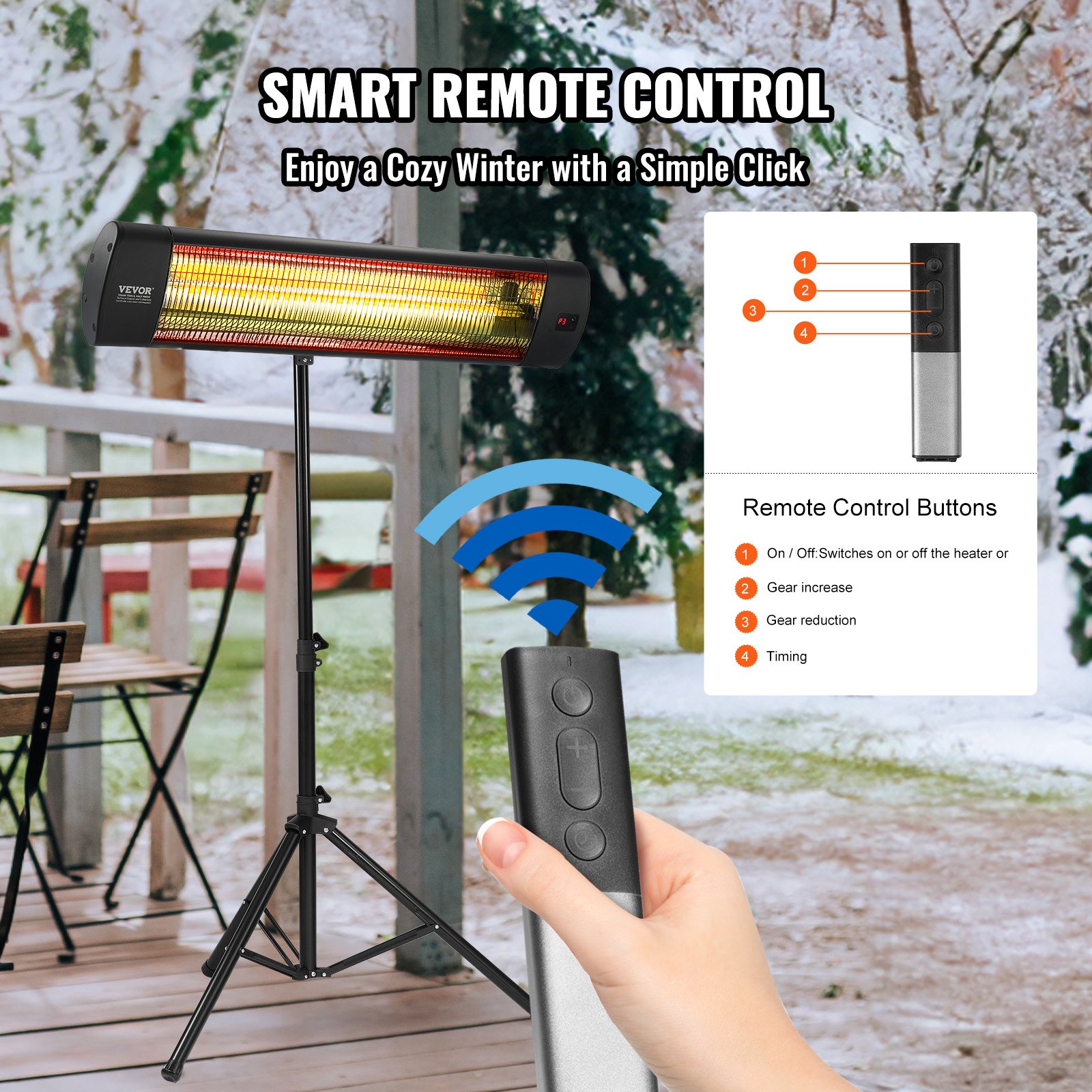 VEVOR Infrared Heater, 1500W Remote Control Electric Space Heater, LED Screen Patio Heater w/ 3 Speeds & Timer, Outdoor/Outdoor for Porch,Dining Room,Studio, with Stand & Mount to Ceiling/Wall,34in L