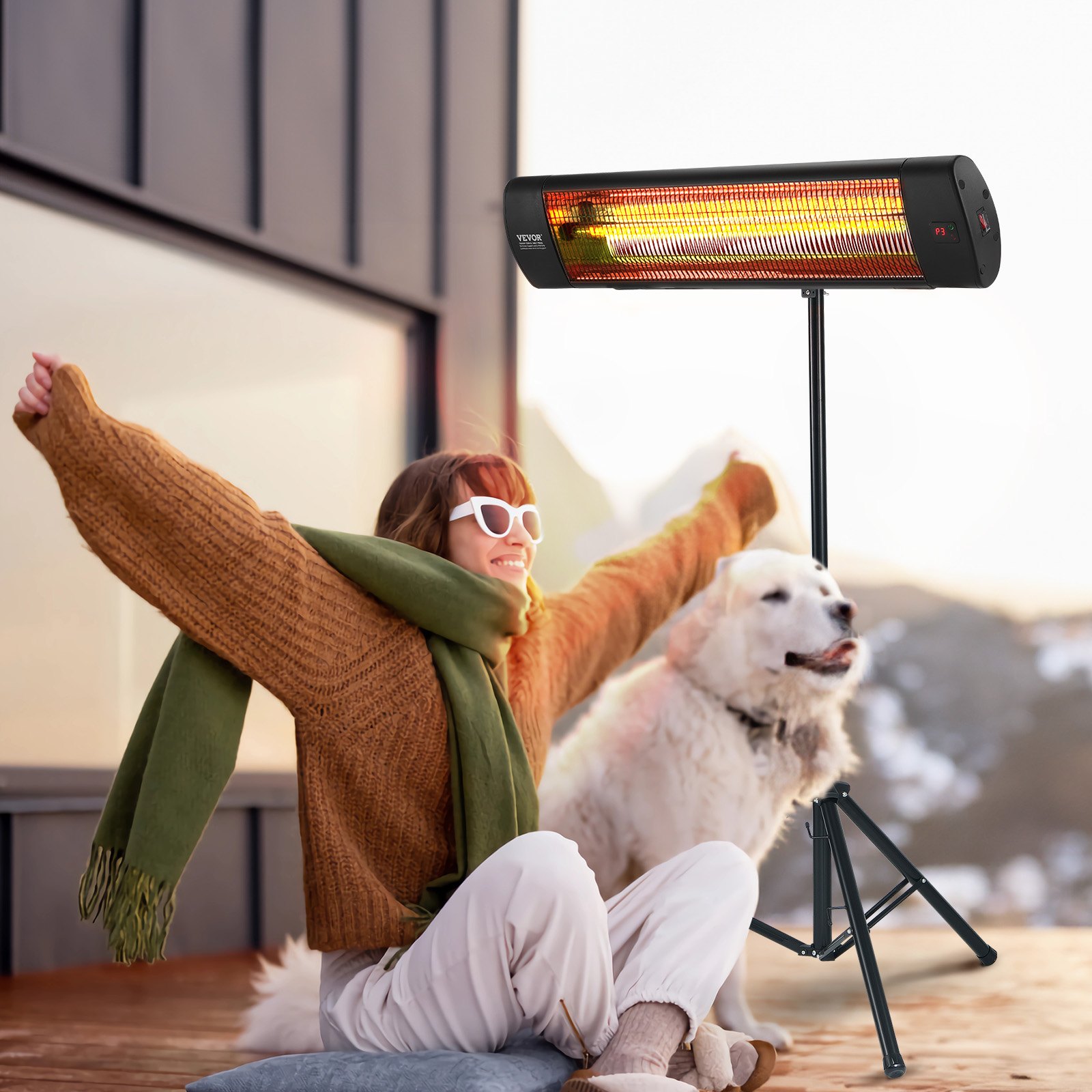 VEVOR Infrared Heater, 1500W Remote Control Electric Space Heater, LED Screen Patio Heater w/ 3 Speeds & Timer, Outdoor/Outdoor for Porch,Dining Room,Studio, with Stand & Mount to Ceiling/Wall,34in L