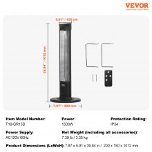 VEVOR Infrared Heater 1500W Electric Space Heater Remote Control 3 Speeds 40in
